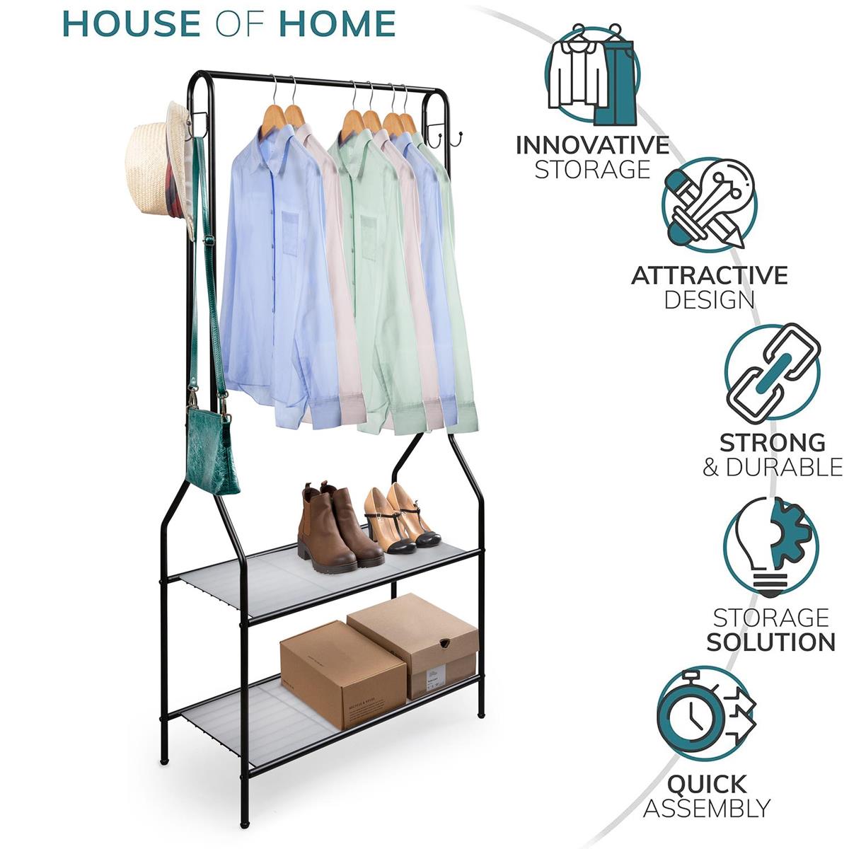Clothes Rail Black With Two Shelves in Black Powder Coating