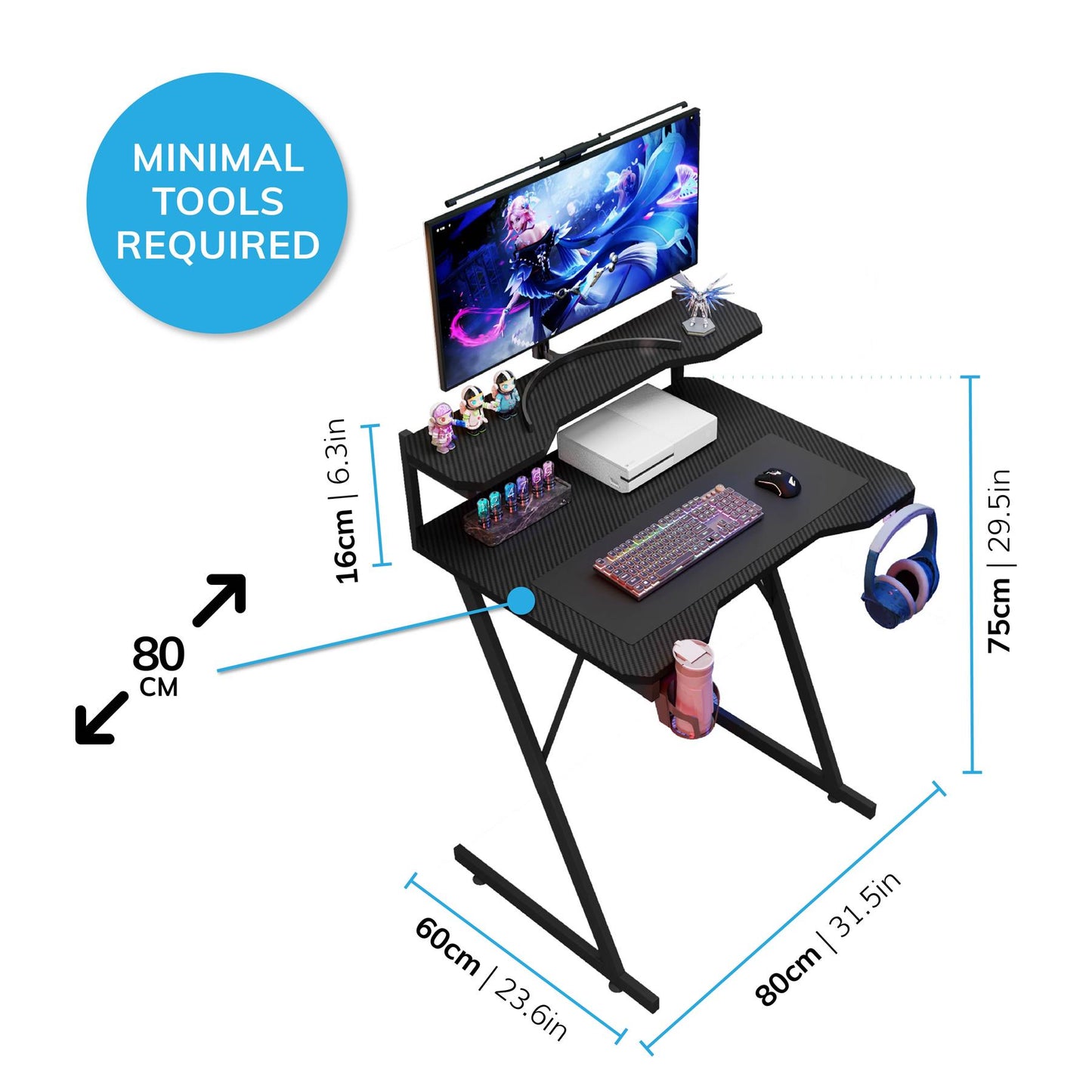 Gaming / Computer Desk with Monitor Stand – Carbon Fibre Top Black – 80cm L x 60 D x 75/91 H