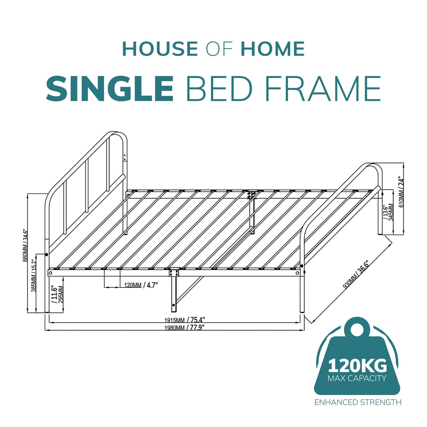 Single Bed Frame Metal Rounded Headboard Easy Assembly Under Bed Base Storage Space