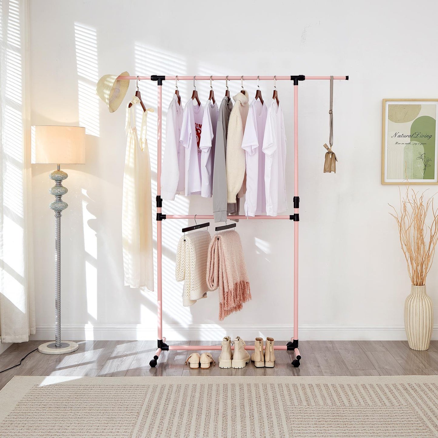 Double Clothes Rail, Extended Top Rail Adjustable Height, Pink