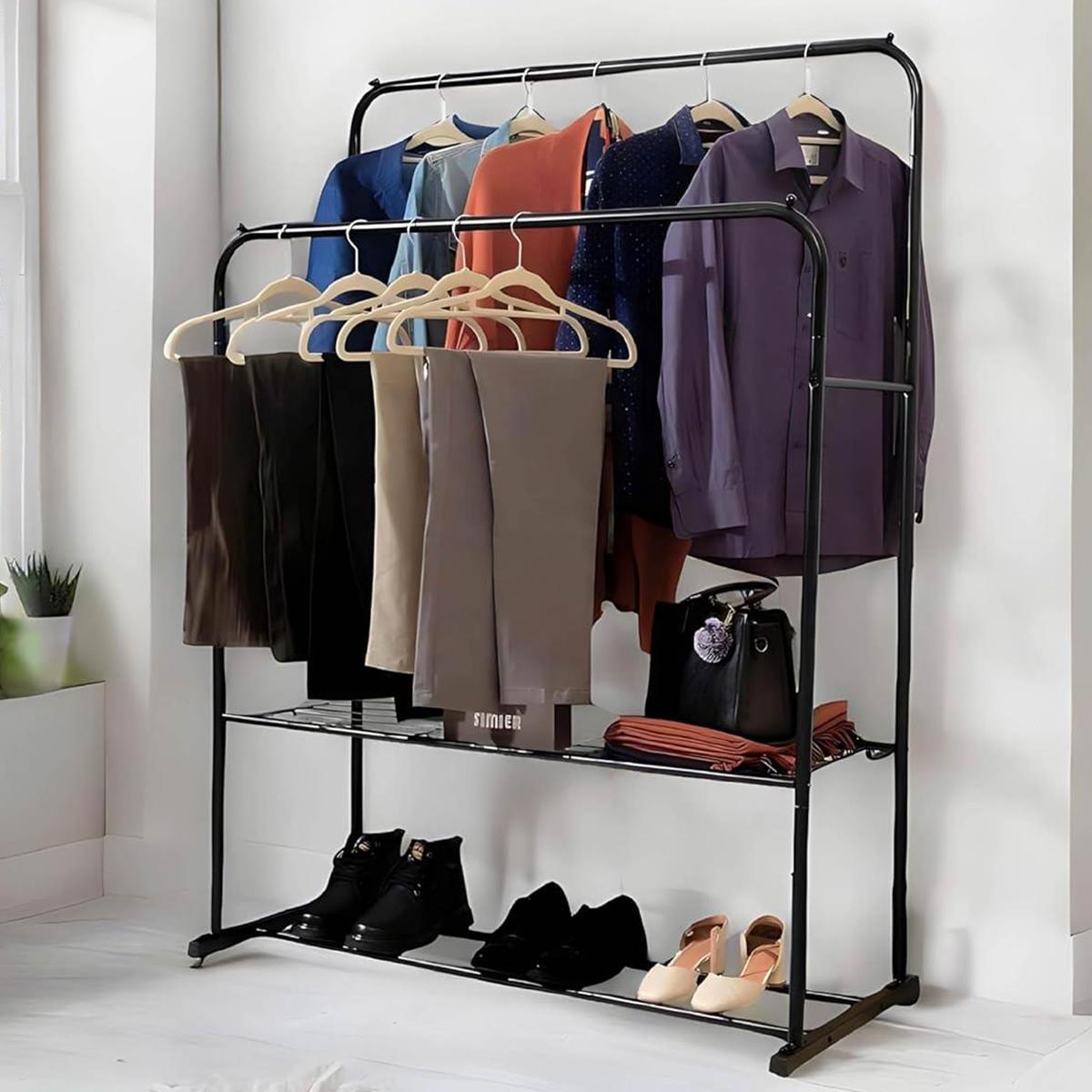 Double Clothes Rail with Shoe Rack Heavy Duty Metal Garment Hanger Hat Bag Hooks