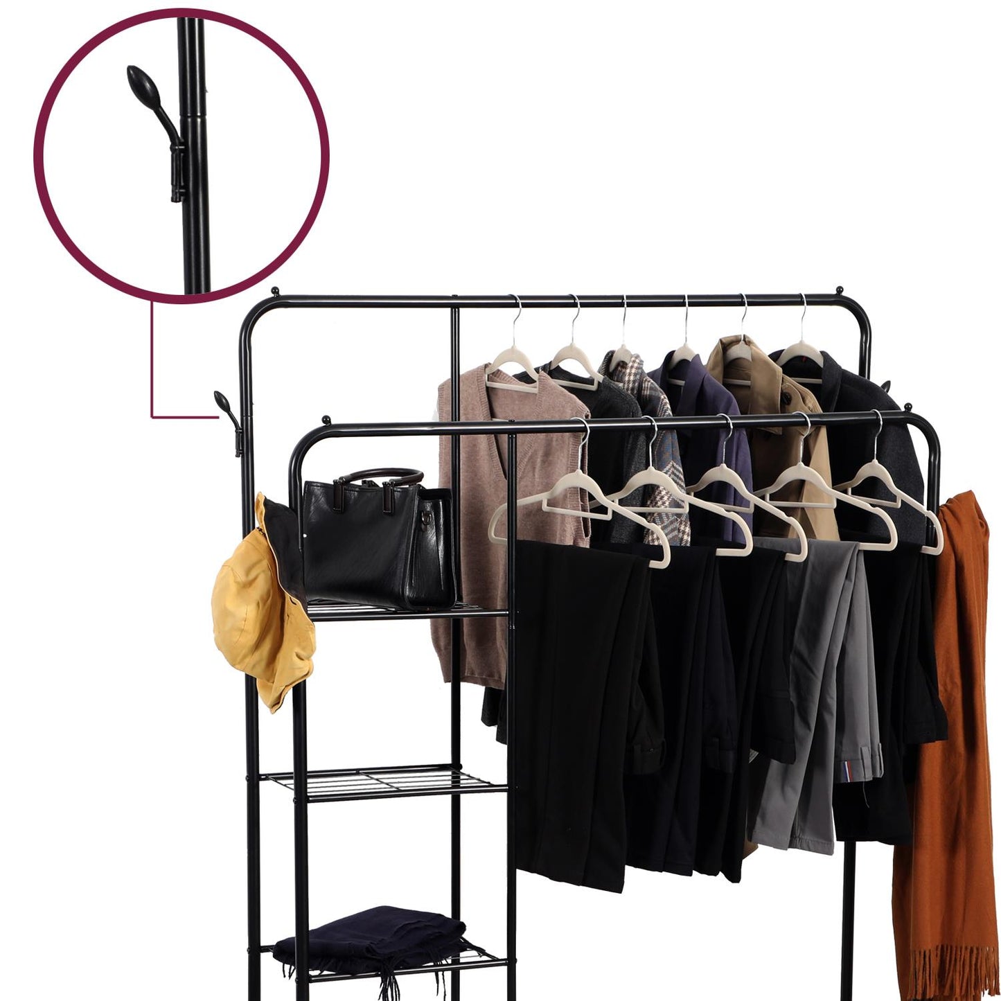 Freestanding Double Clothes Rail with 2 Shoe Racks and 3 Shelves