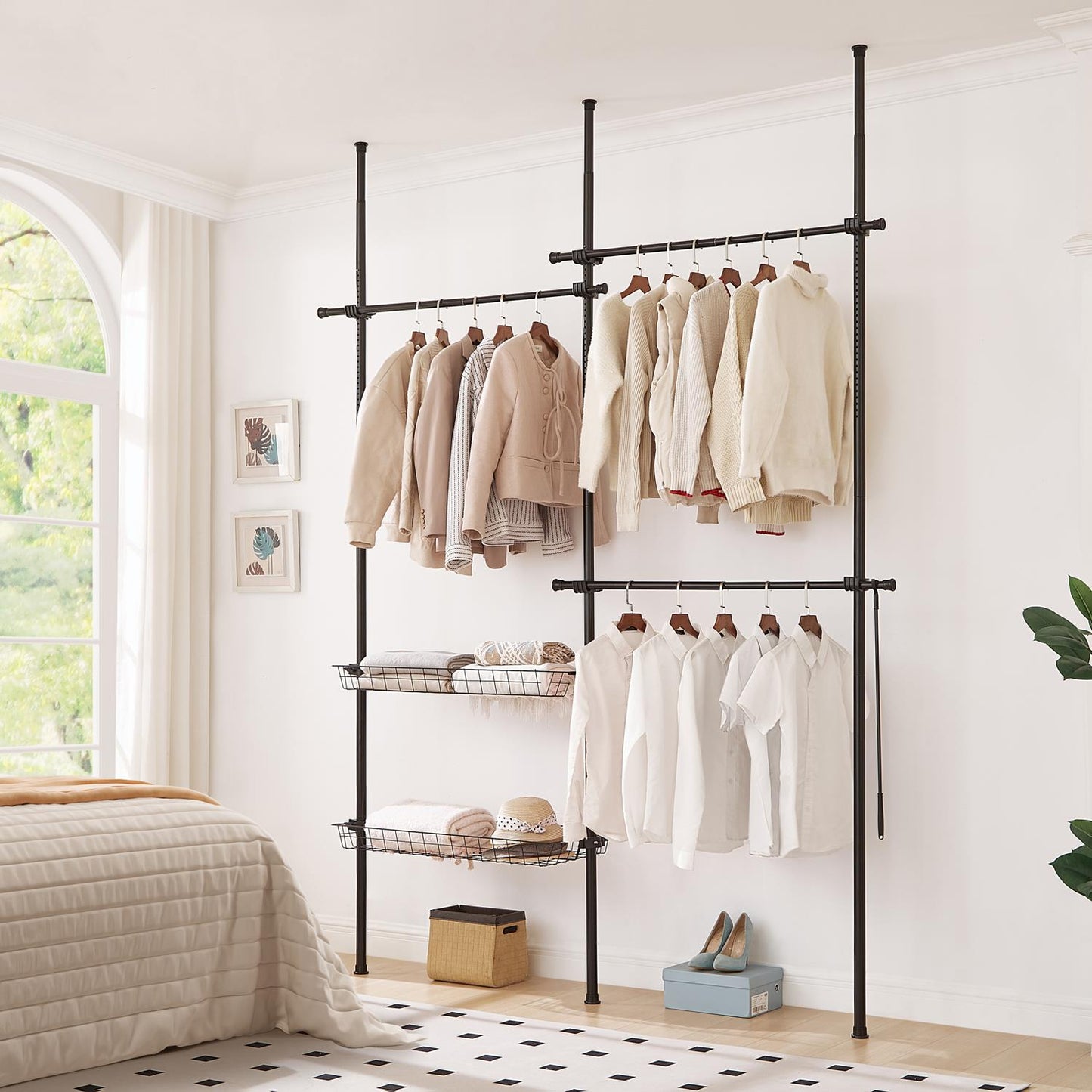 Telescopic Wardrobe Organiser Double Black Rail Clothes Rack Baskets Storage