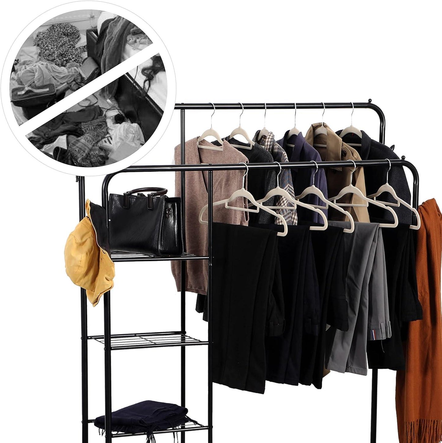 Freestanding Double Clothes Rail with 2 Shoe Racks and 3 Shelves