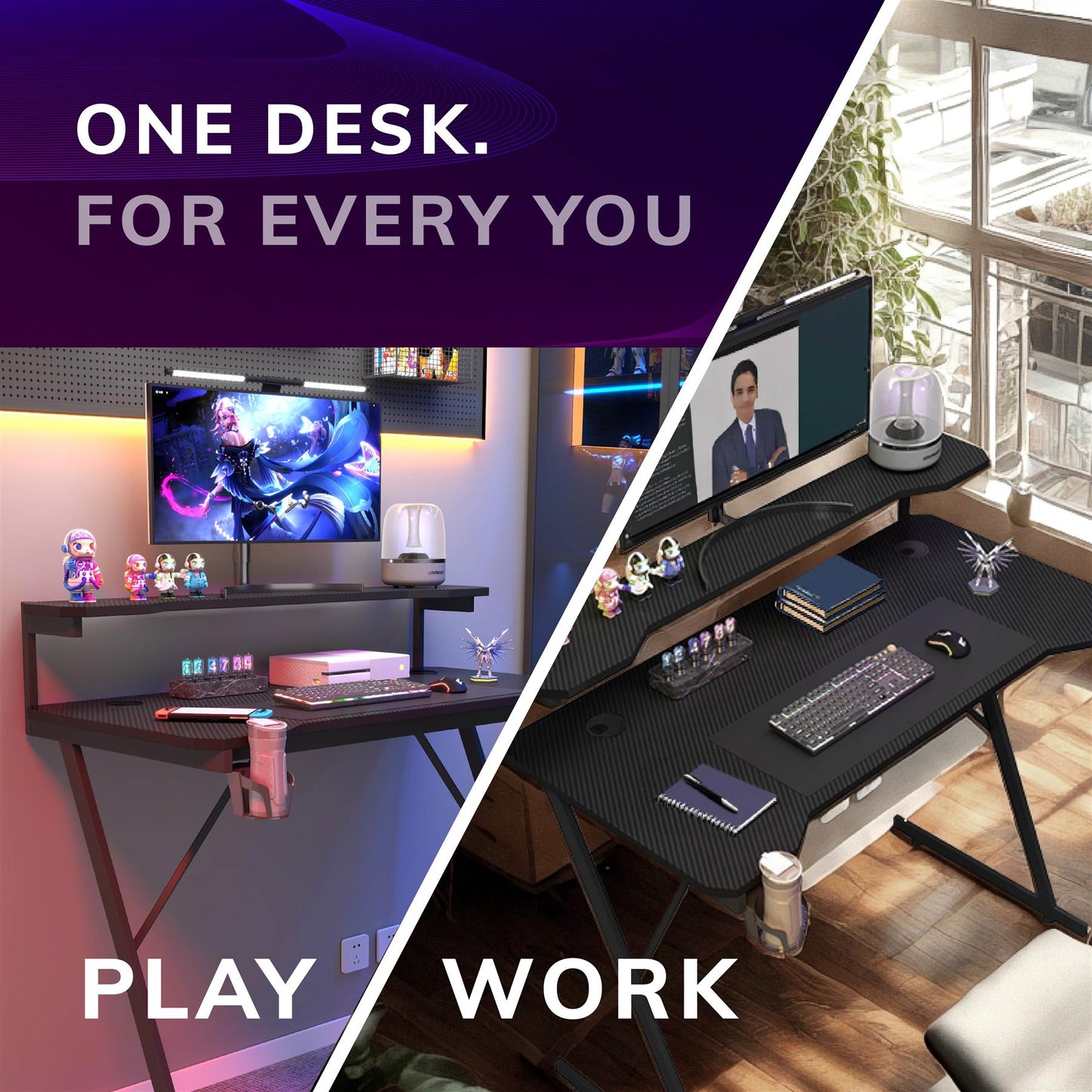 Gaming / Computer Desk with Monitor Stand – Carbon Fibre Top Black – 80cm L x 60 D x 75/91 H