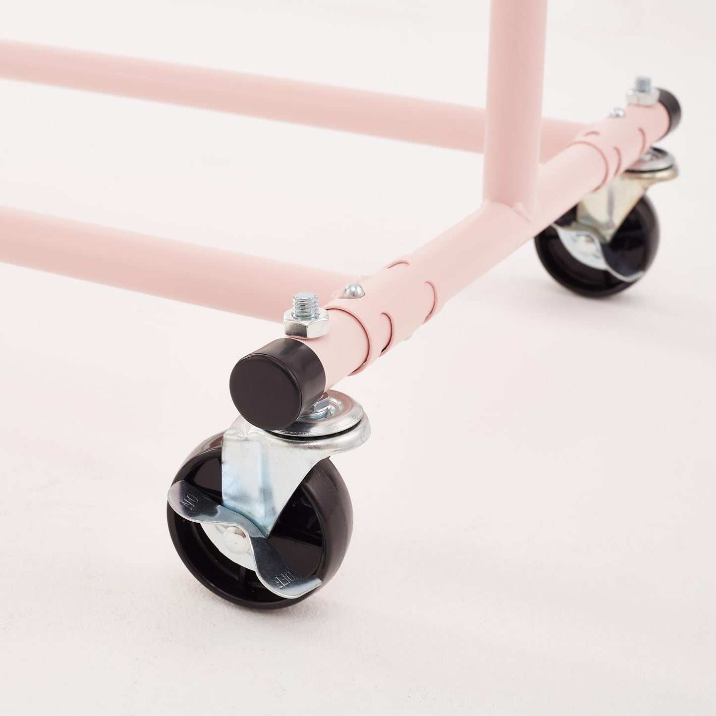 Heavy Duty Pink Clothes Rail Adjustable Width Height with Shelf, Locking Wheels