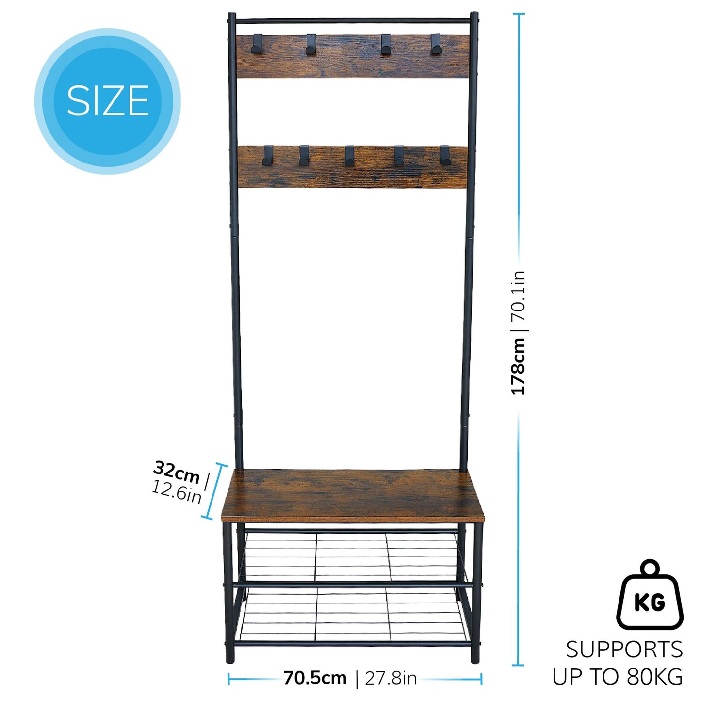 Multi function coat stand Black frame rustic brown wood