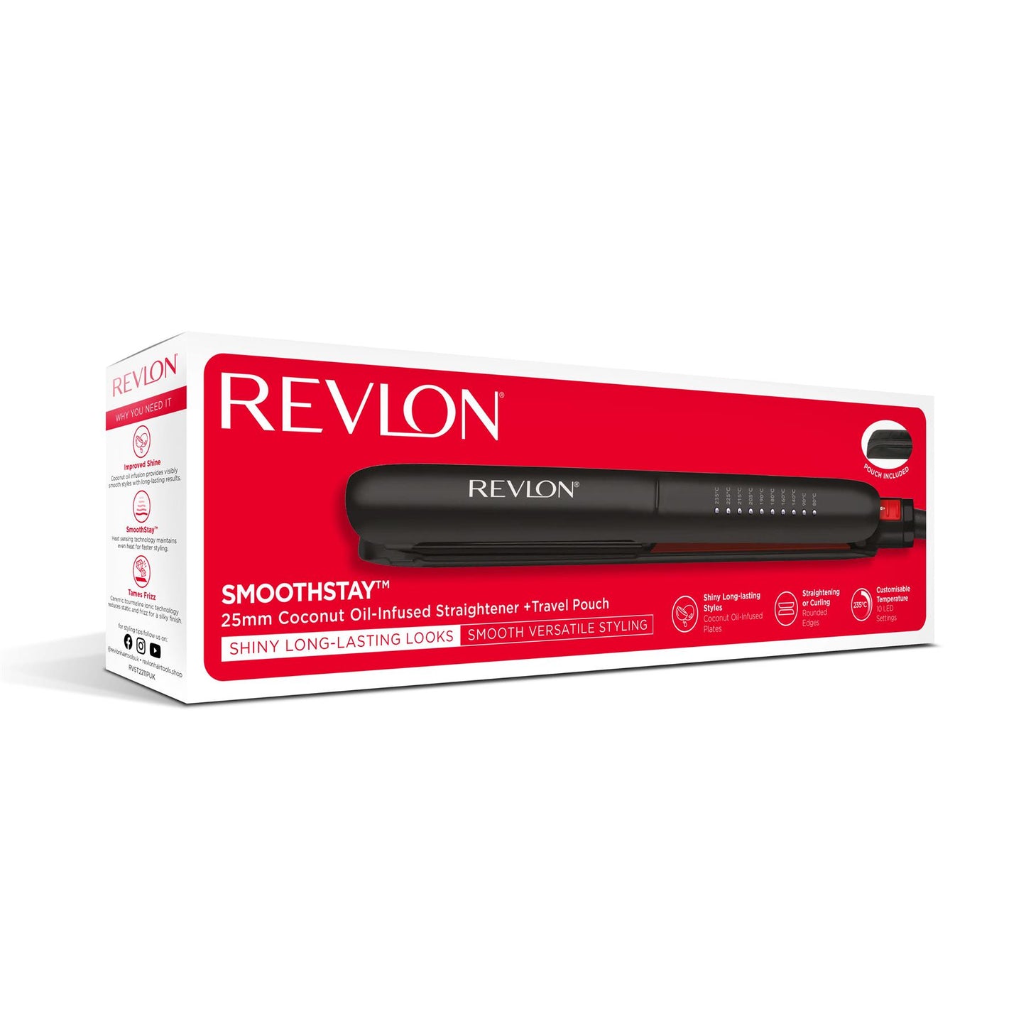 REVLON Smoothstay 25mm Coconut Oil-Infused Straightener + Travel Pouch