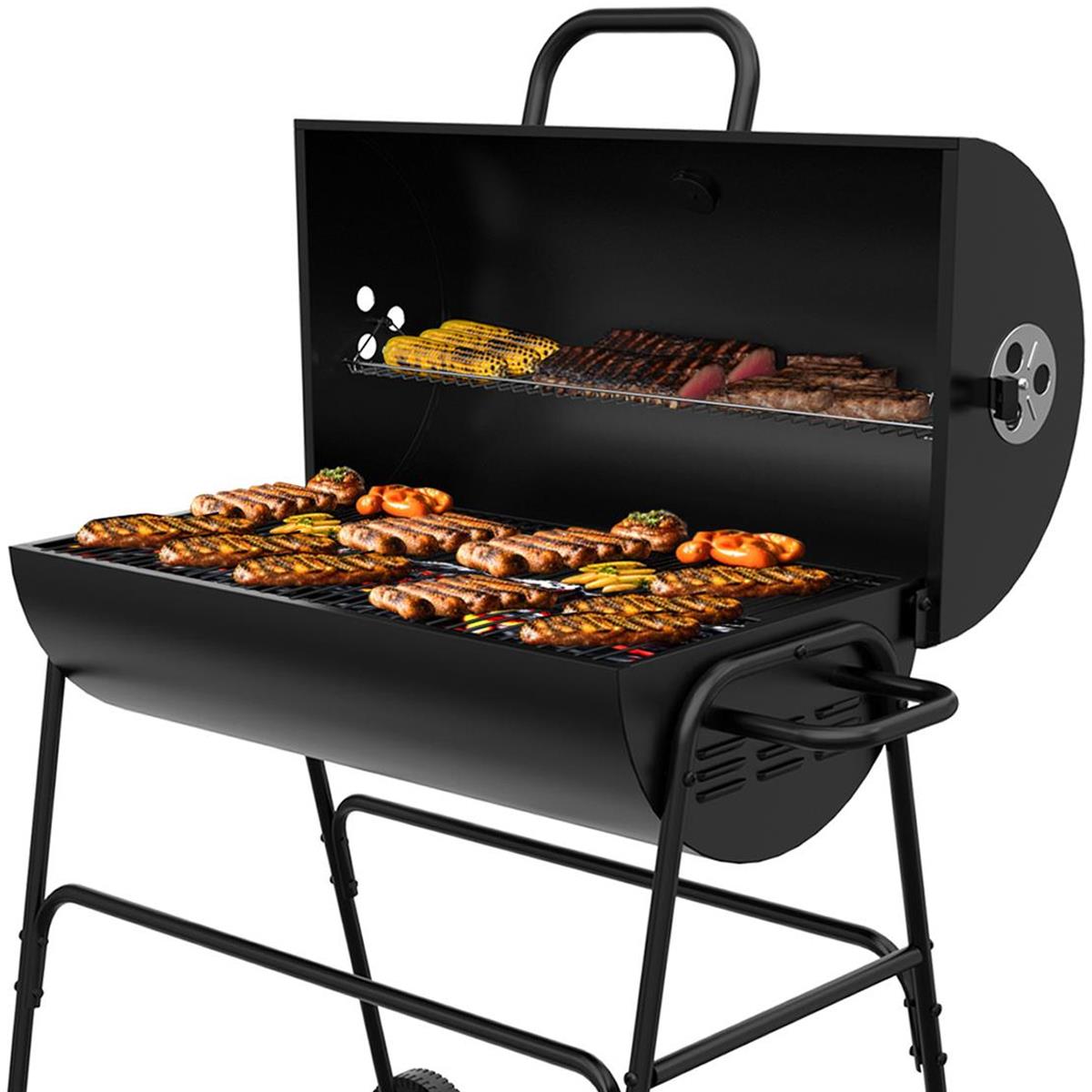 Barrel Charcoal BBQ XL Grill Lid Thermometer, Portable Trolley Smoker, Wheels