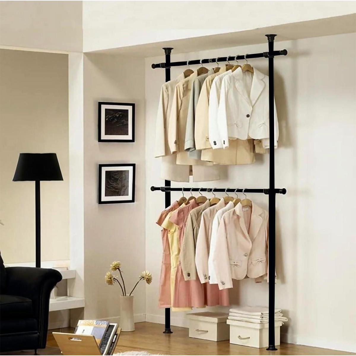 Telescopic Portable indoor garment rack tools in matt black