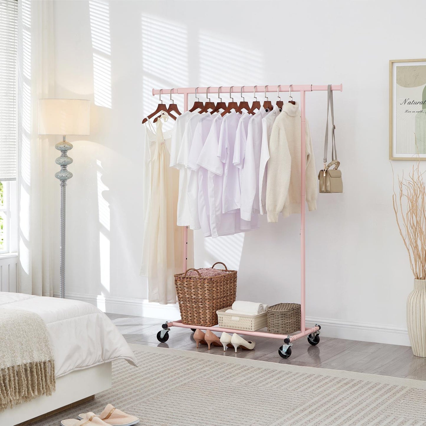 Heavy Duty Pink Clothes Rail Adjustable Width Height with Shelf, Locking Wheels