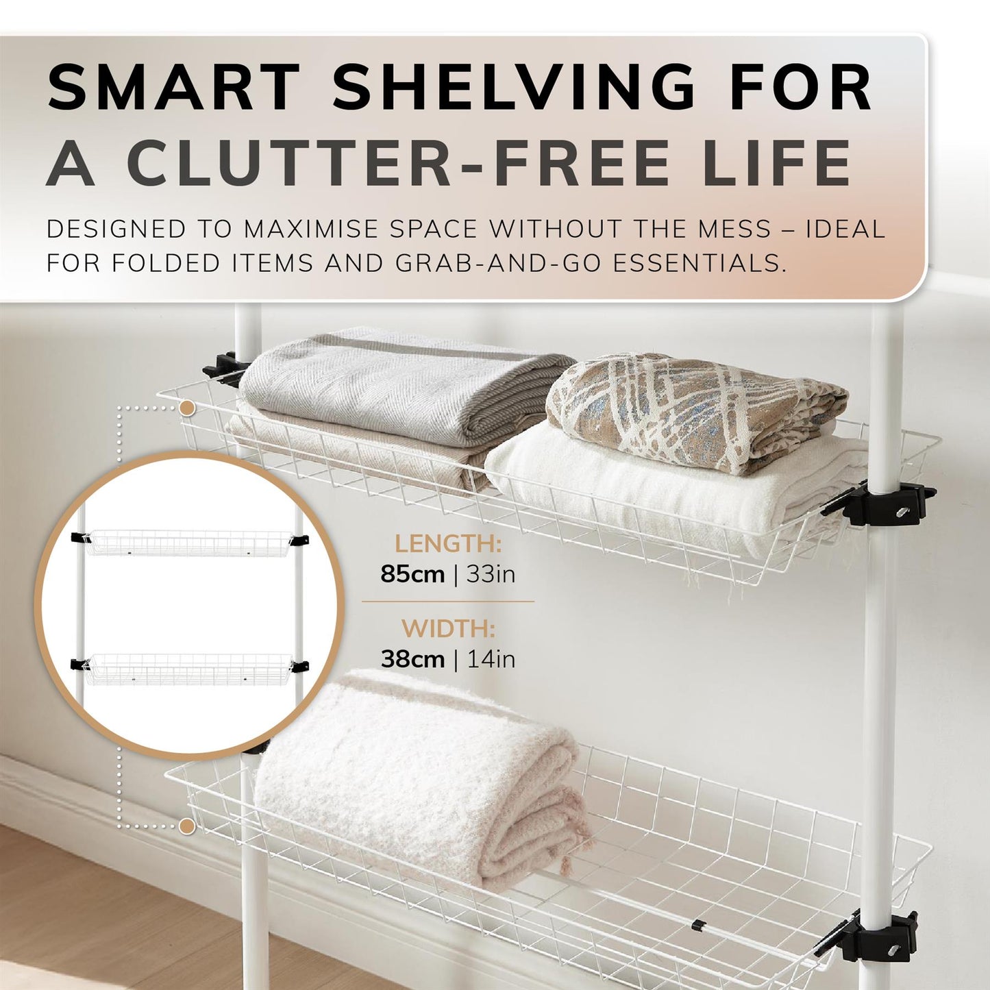 Telescopic Wardrobe Organiser Double White Rail Clothes Rack Baskets Storage