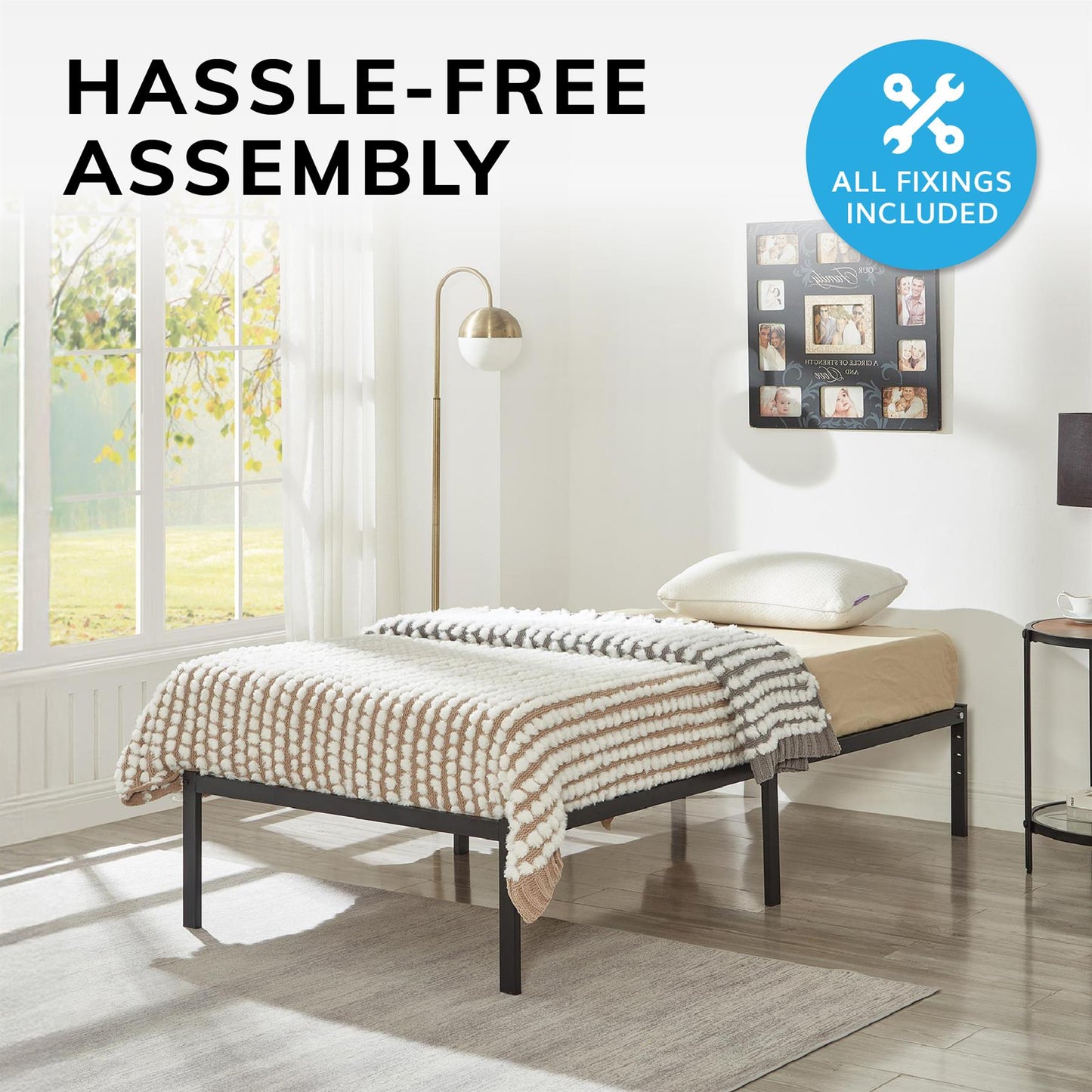 Single Metal Bed Frame Durable Black Powder Coating, 198 x 91 x 40 cm