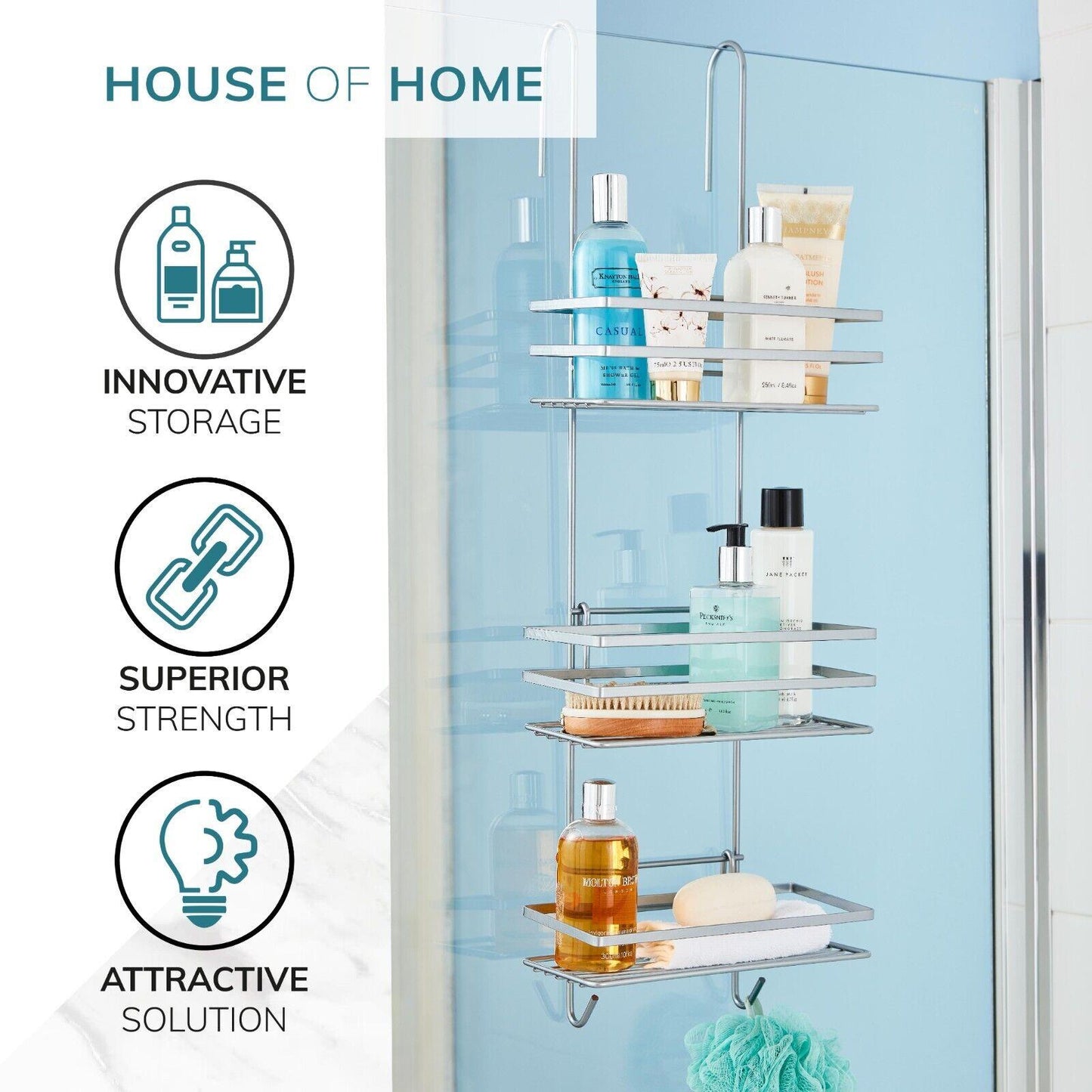 3 Tier Non Rust Hanging Shower Caddy Bathroom Organiser in Silver