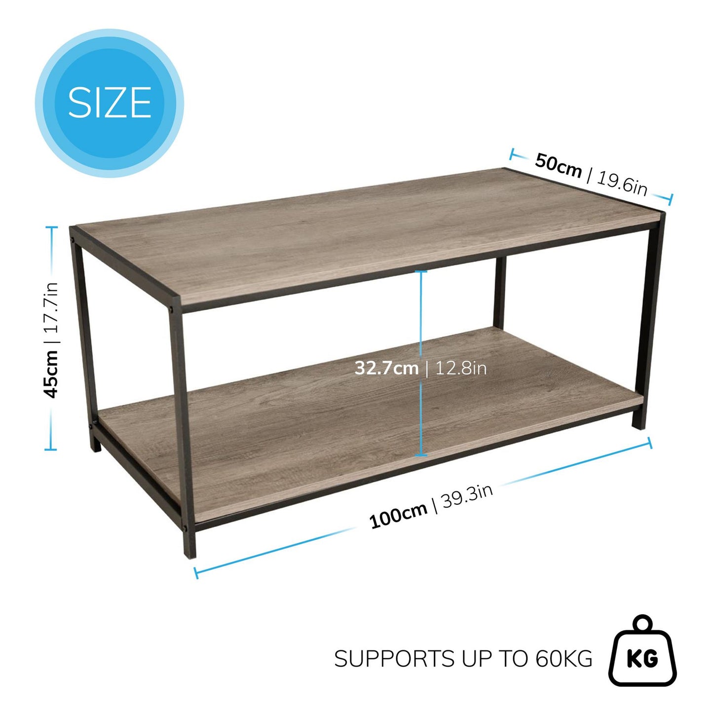 Rustic grey coffee table with black coated frame