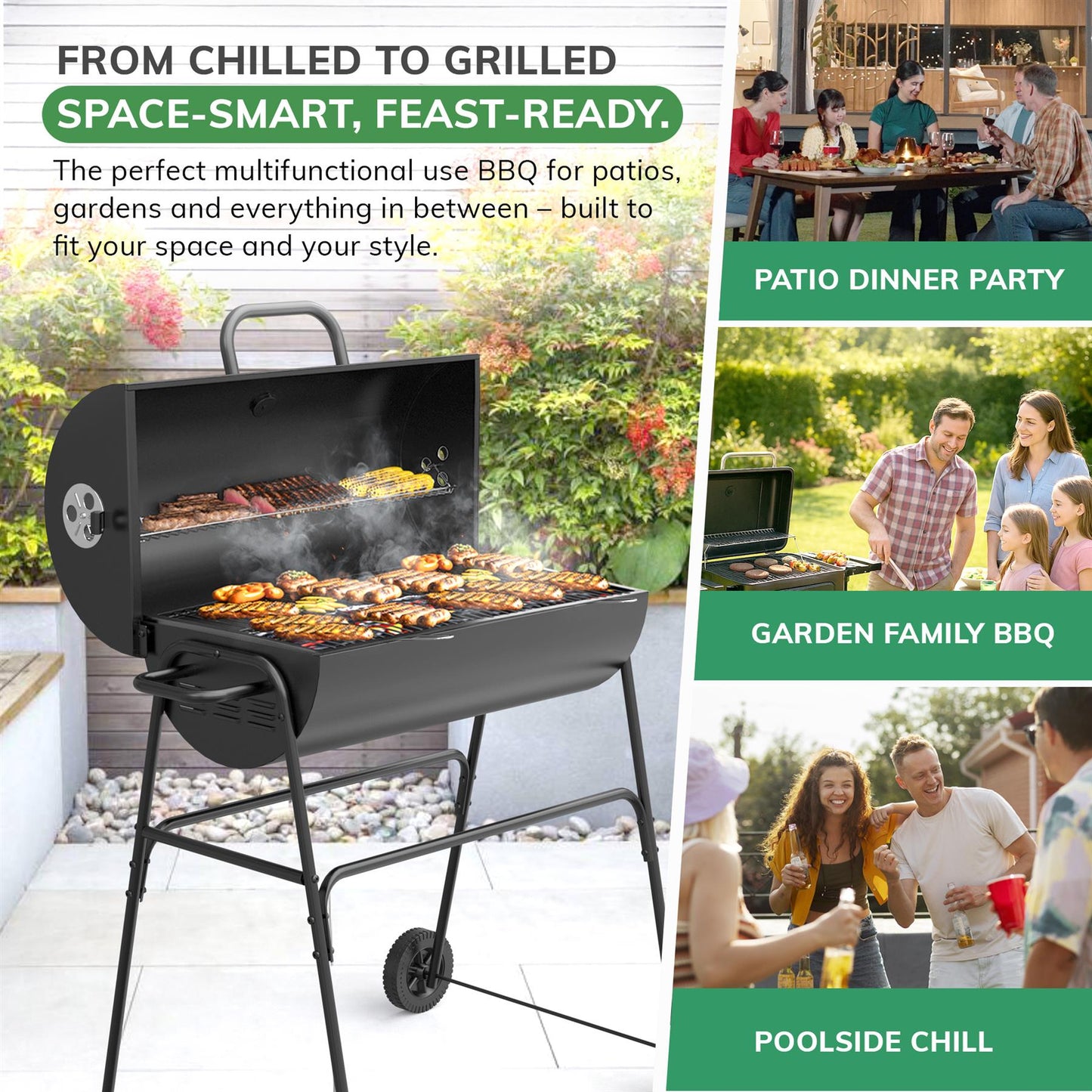 Barrel Charcoal BBQ XL Grill Lid Thermometer, Portable Trolley Smoker, Wheels