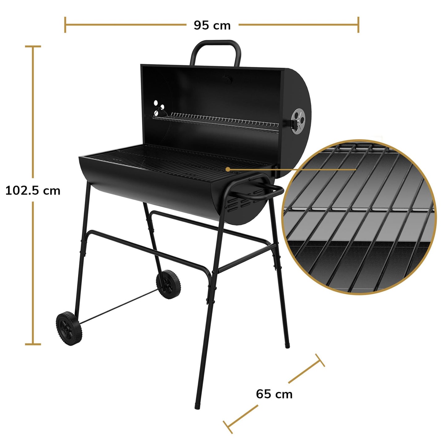 Barrel Charcoal BBQ XL Grill Lid Thermometer, Portable Trolley Smoker, Wheels