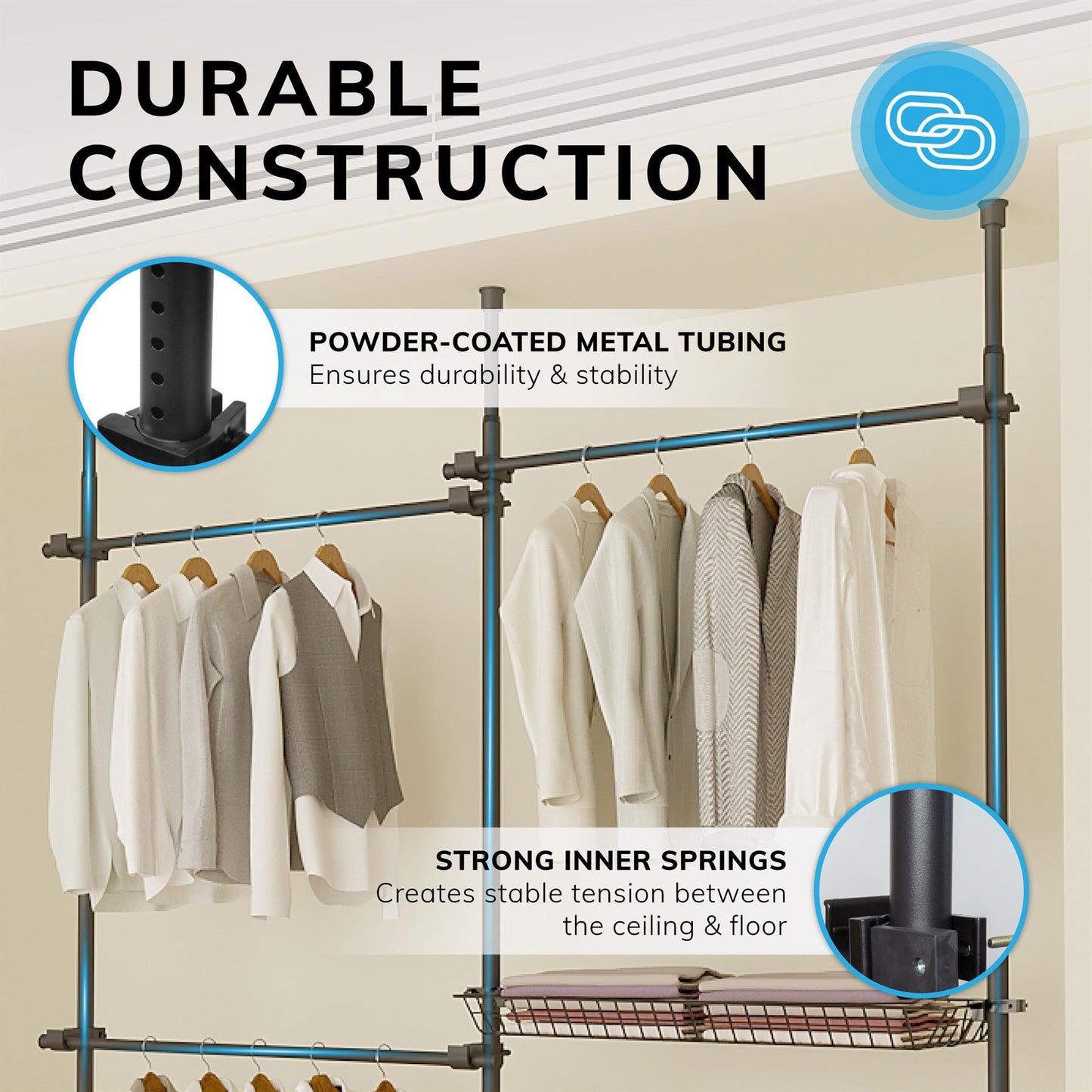 Telescopic Wardrobe Organiser Double Black Rail Clothes Rack Baskets Storage