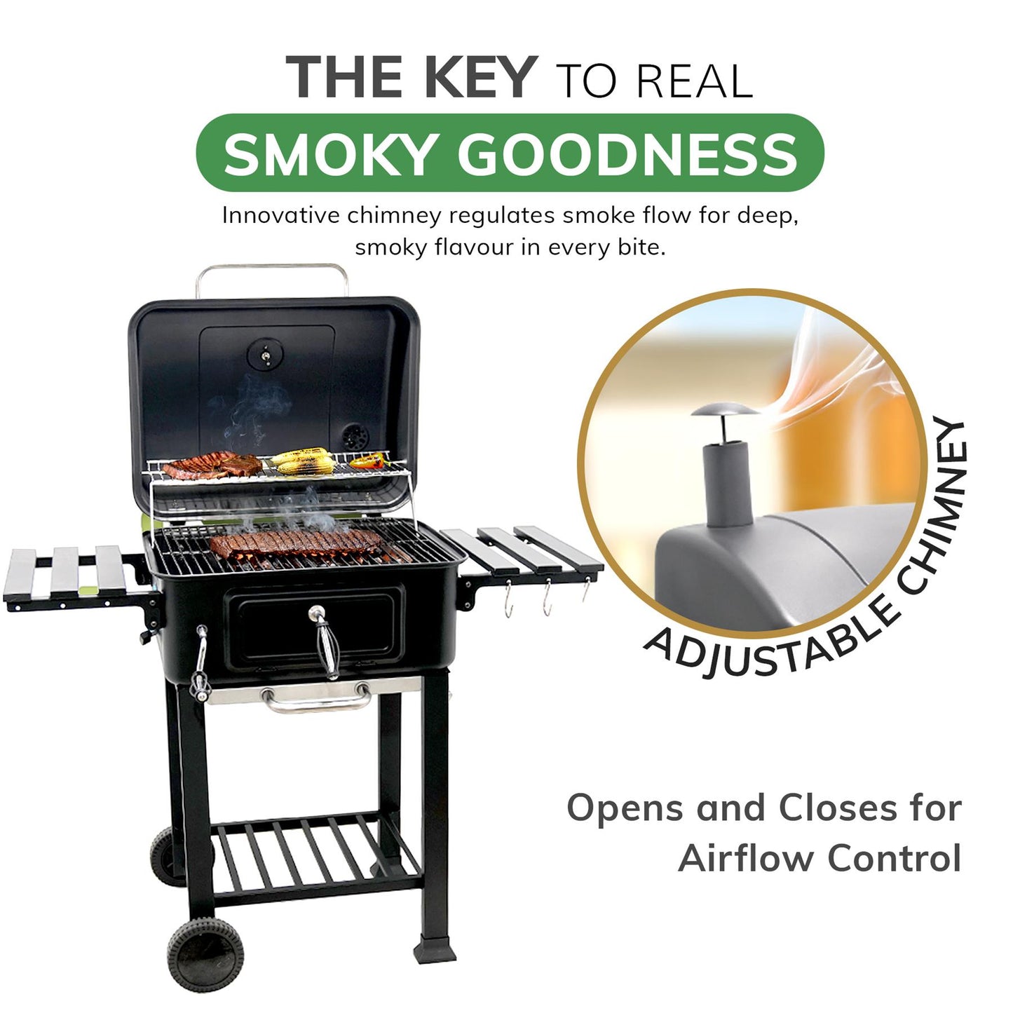 BBQ Smoker XL Grill Folding Tables Thermometer, Adjustable Charcoal Pan, Chimney