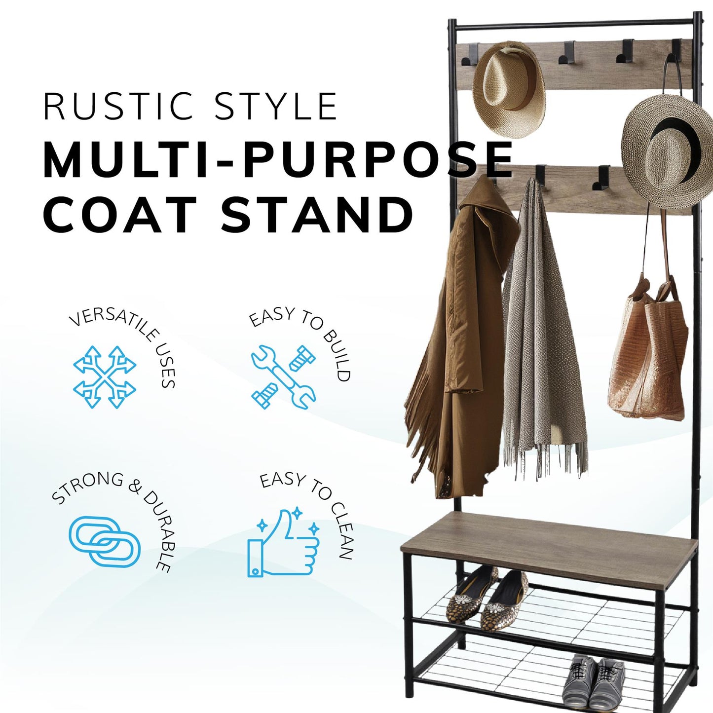 Multi function coat stand Black frame rustic brown wood