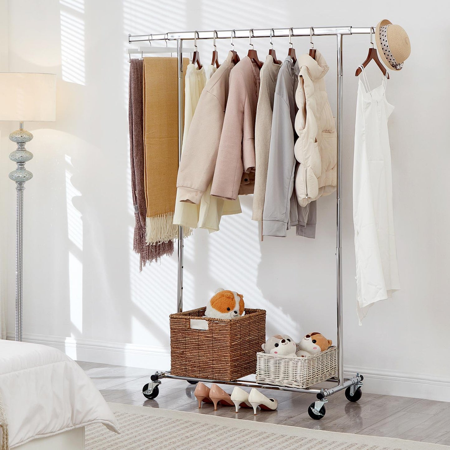 Heavy Duty Chrome Clothes Rail Adjustable Width Height with Shelf Locking Wheels