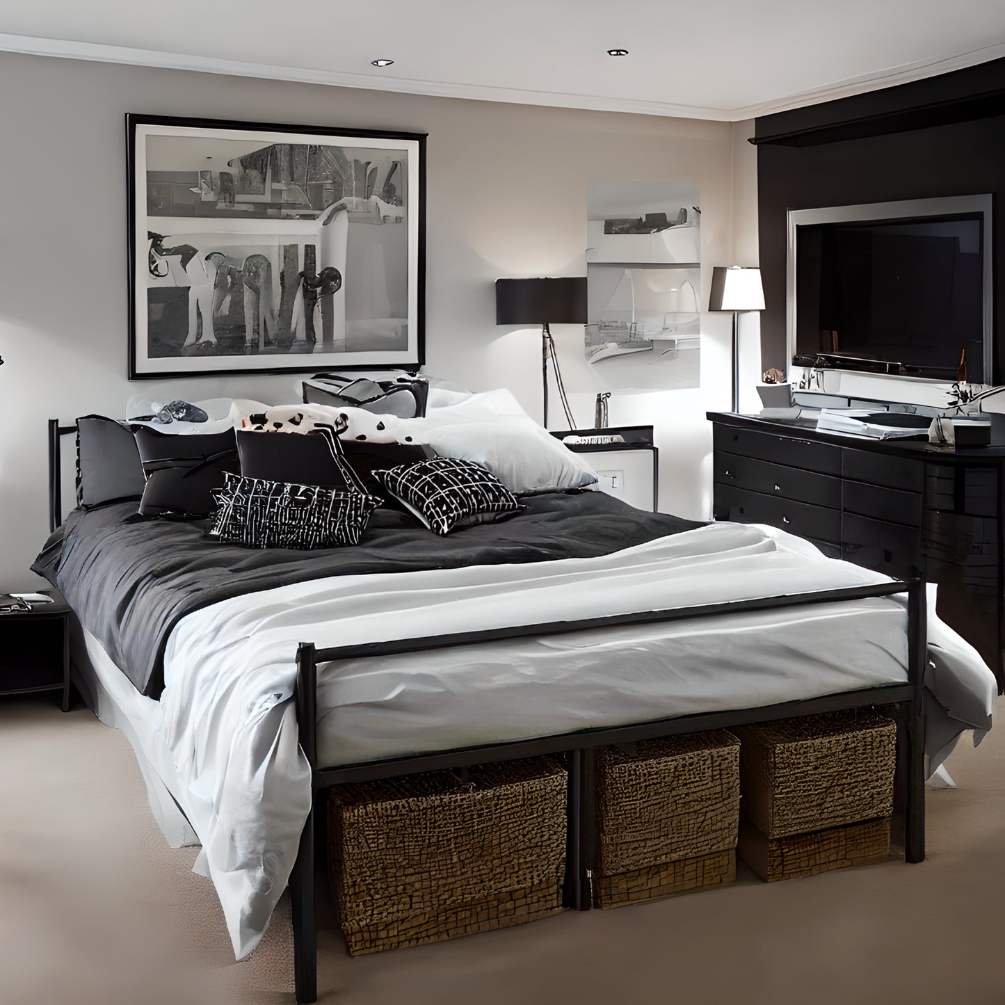 King Size Metal Bed Extra Strong Frame Stylish Bedroom Storage Modern Sturdy Design