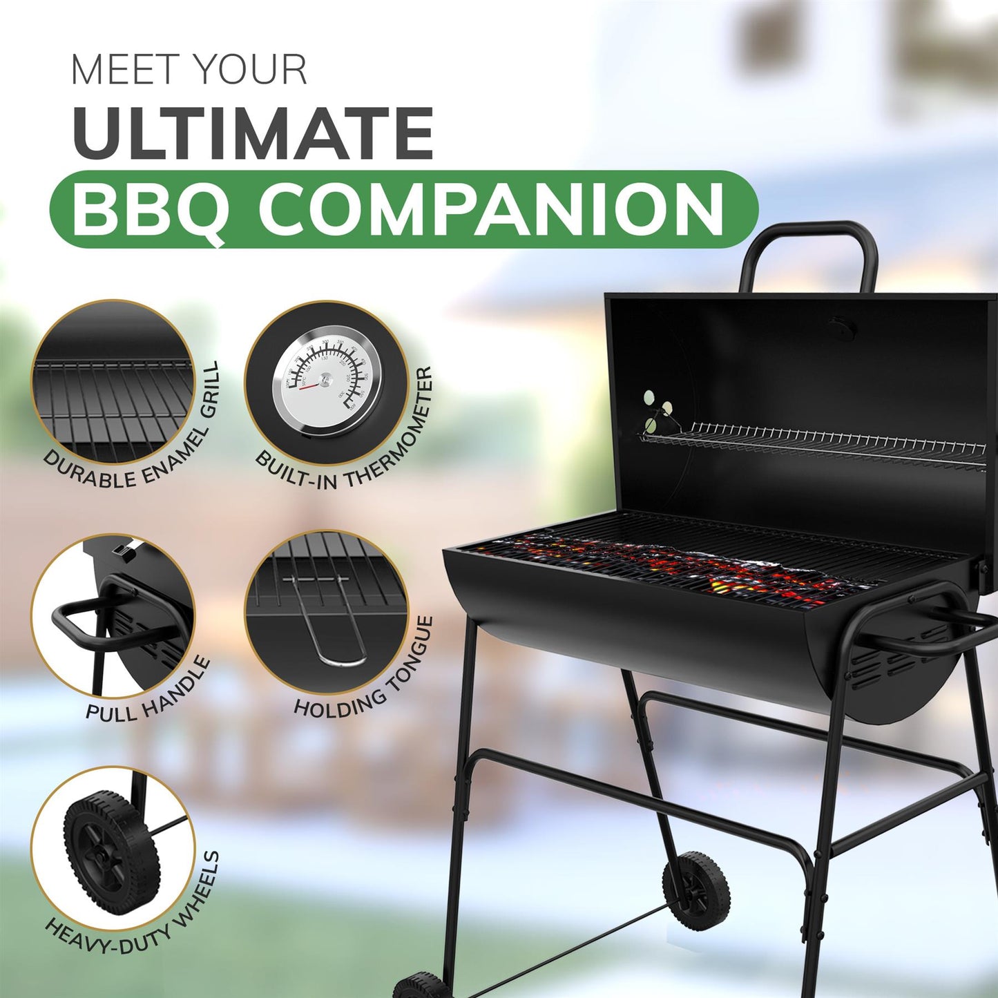 Barrel Charcoal BBQ XL Grill Lid Thermometer, Portable Trolley Smoker, Wheels