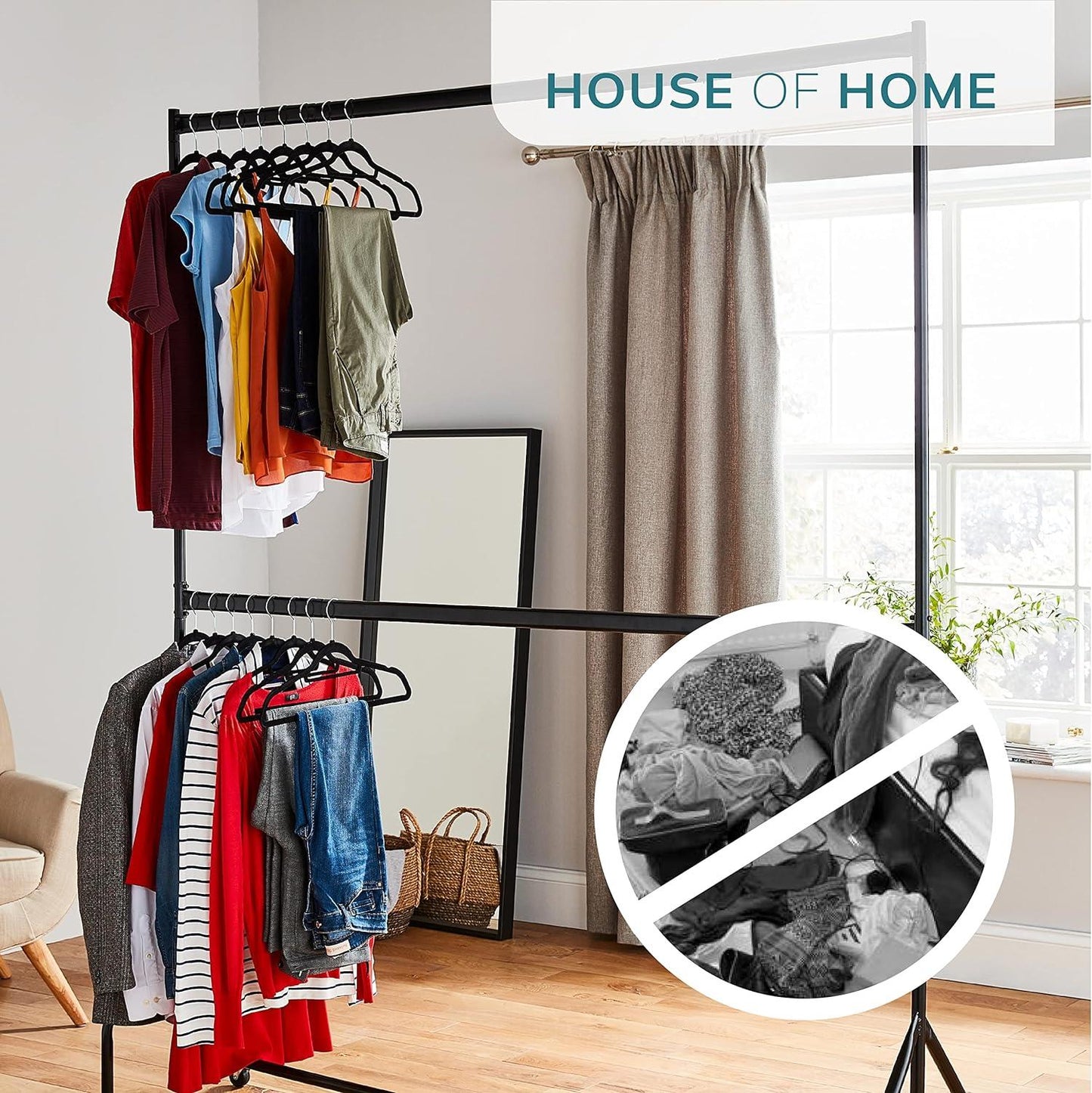 6ft long x 7ft Two Tier Heavy Duty Clothes Rail Garment Hanging Rack In Black