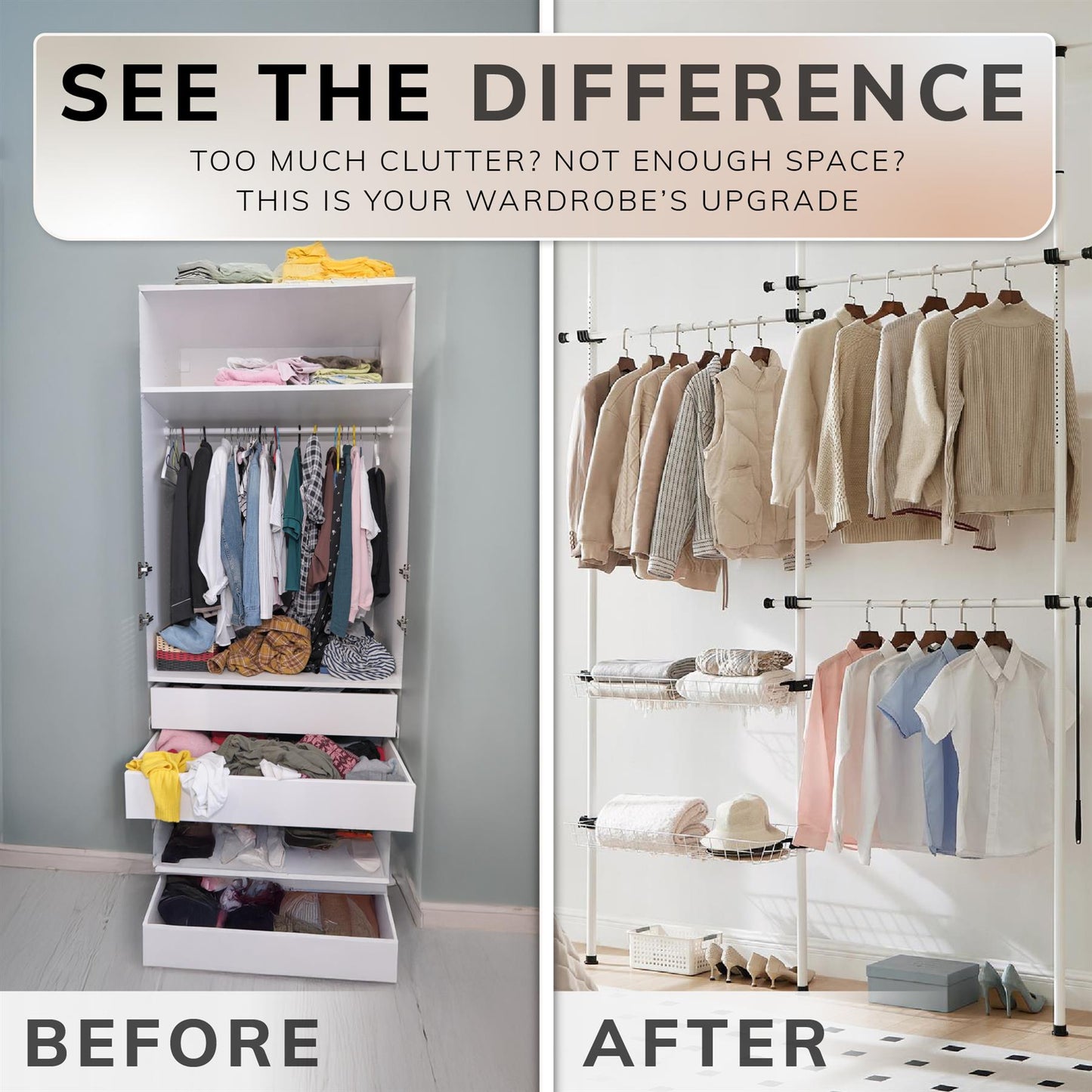 Telescopic Wardrobe Organiser Double White Rail Clothes Rack Baskets Storage