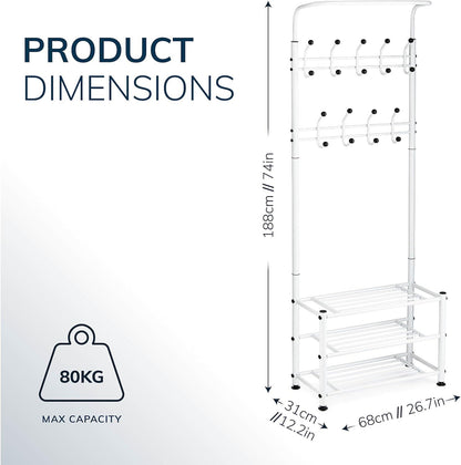 Multi Purpose Stand 18 Hooks For Clothes Shoes Hats Bags - White