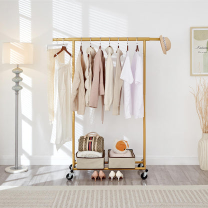 Heavy Duty Gold Clothes Rail Adjustable Width Height with Shelf, Locking Wheels
