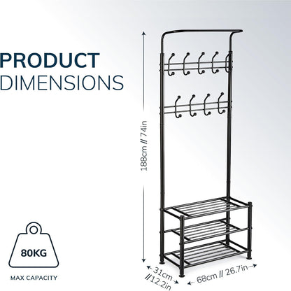 Multi Purpose Stand 18 Hooks For Clothes Shoes Hats Bags - Black