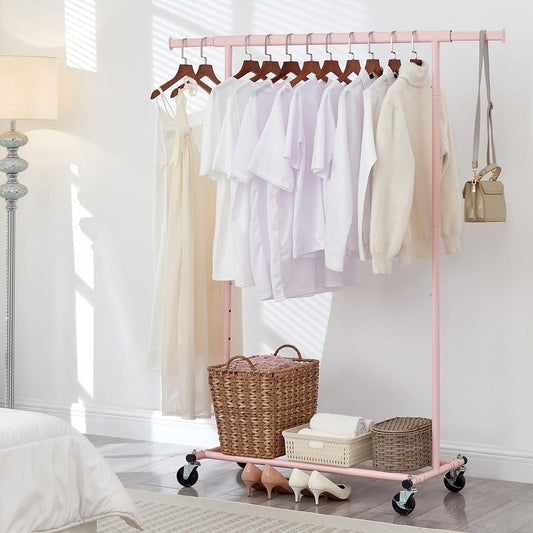 Heavy Duty Pink Clothes Rail Adjustable Width Height with Shelf, Locking Wheels