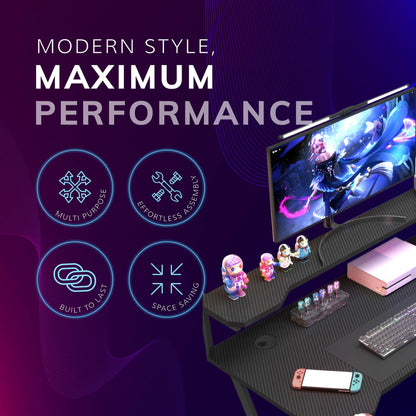Gaming / Computer Desk with Monitor Stand – Carbon Fibre Top Black – 118cm L x 60 D x 75/91 H