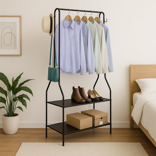 Clothes Rail Black With Two Shelves in Black Powder Coating