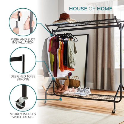 4ft long x 5ft Black Heavy Duty Hanging Clothes Garment Rail with Shoe Rack Shelf and Hat Stand