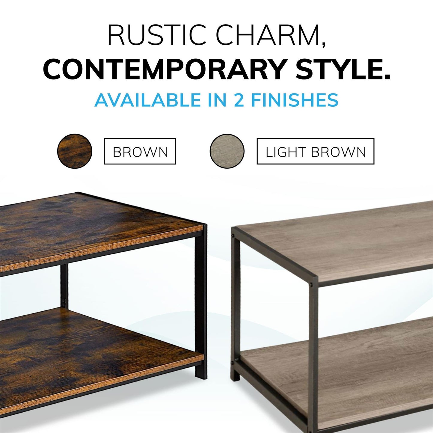 Rustic brown coffee table with black coated frame