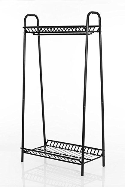 Two Tier Vintage Style Black Steel Clothes Rack with Two Storage Shelves – Perfect Clothing Shoes Bags Hats Storage for Bedrooms Closets & Boutique Shops