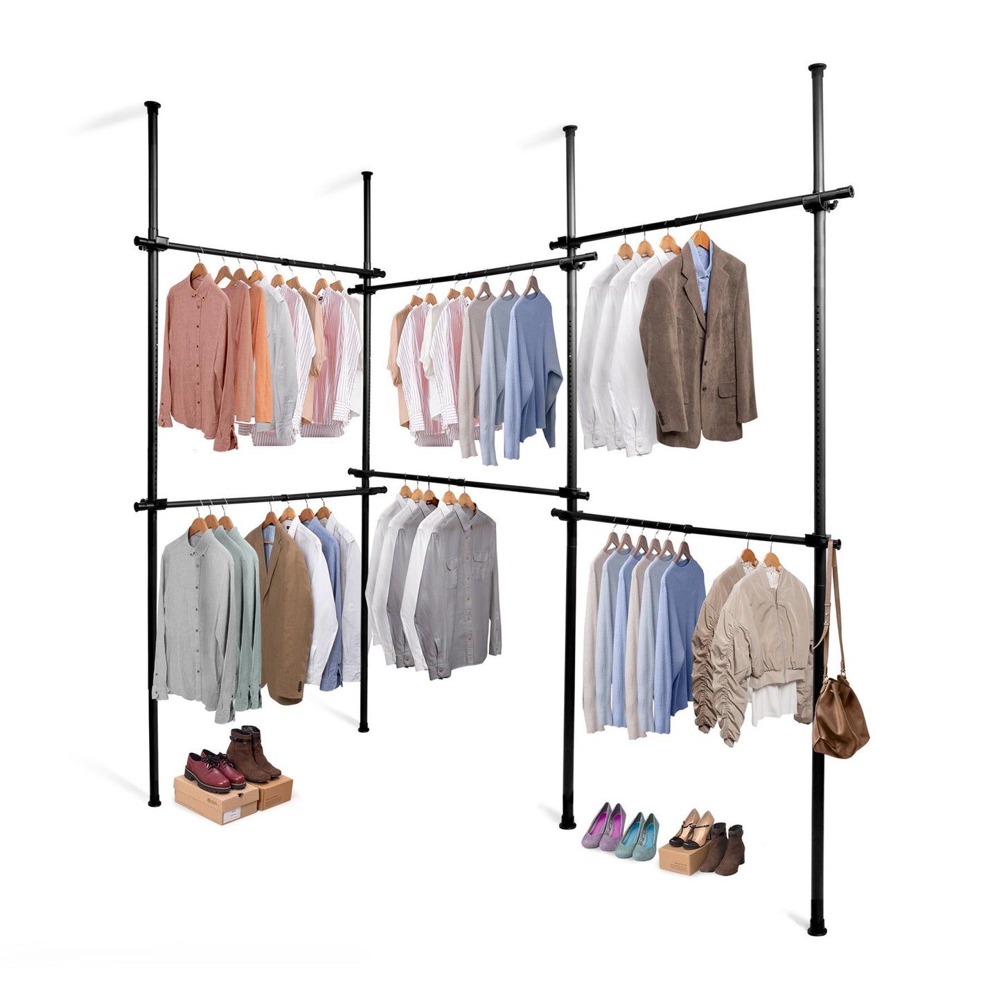 Triple Telescopic Black Wardrobe Organiser Hanging Rail Clothes Rack Adjustable Storage Shelving