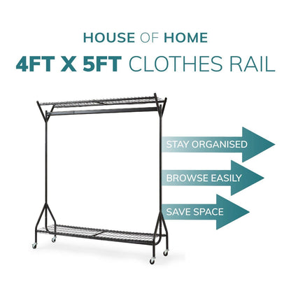 4ft long x 5ft Black Heavy Duty Hanging Clothes Garment Rail with Shoe Rack Shelf and Hat Stand