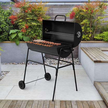 Barrel Charcoal BBQ XL Grill Lid Thermometer, Portable Trolley Smoker, Wheels