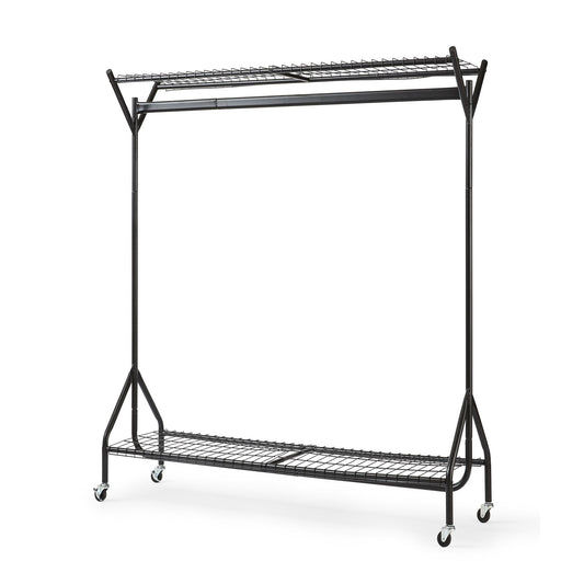 4ft long x 5ft Black Heavy Duty Hanging Clothes Garment Rail with Shoe Rack Shelf and Hat Stand