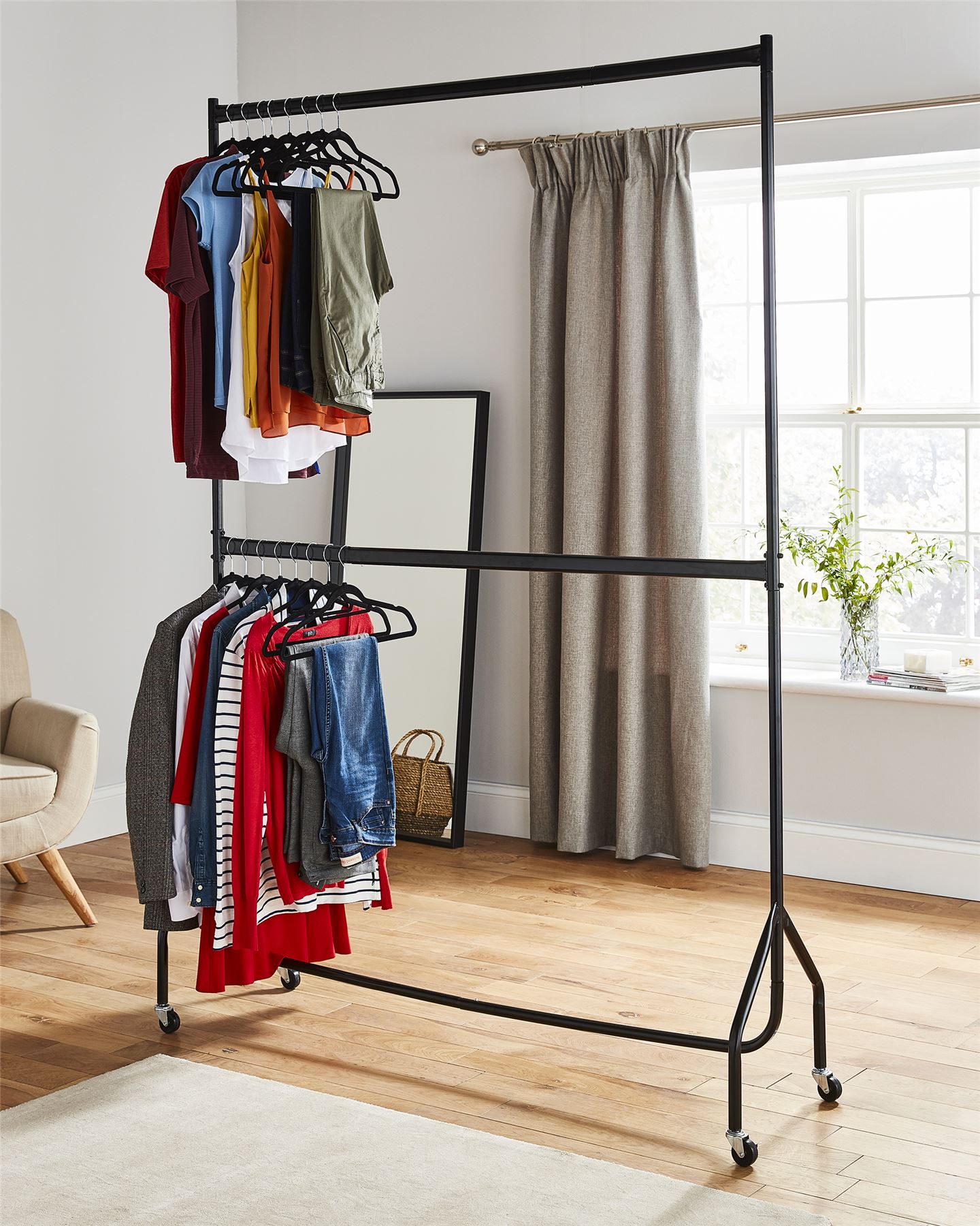 5ft long x 7ft Two Tier Heavy Duty Clothes Rail Garment Hanging Rack In Black