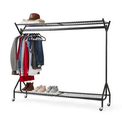 6ft long x 5ft Black Heavy Duty Hanging Clothes Garment Rail with Shoe Rack Shelf and Hat Stand