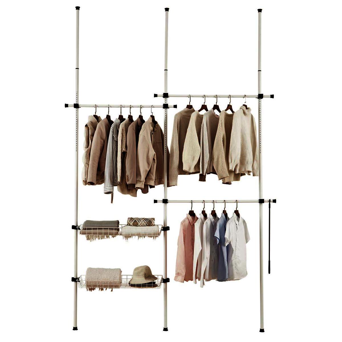 Telescopic Wardrobe Organiser Double White Rail Clothes Rack Baskets Storage