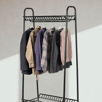 Two Tier Vintage Style Black Steel Clothes Rack with Two Storage Shelves – Perfect Clothing Shoes Bags Hats Storage for Bedrooms Closets & Boutique Shops
