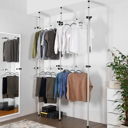 Double Telescopic Wardrobe Organiser Hanging Rail Clothes Rack Adjustable Storage Shelving