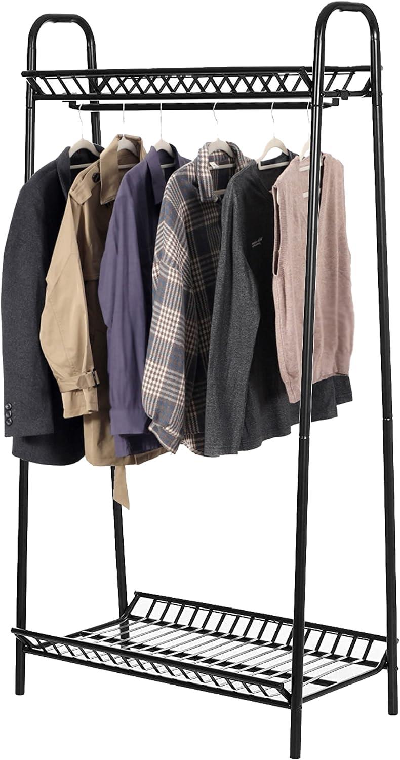 Two Tier Vintage Style Black Steel Clothes Rack with Two Storage Shelves – Perfect Clothing Shoes Bags Hats Storage for Bedrooms Closets & Boutique Shops