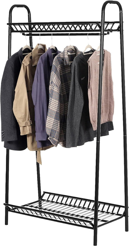 Two Tier Vintage Style Black Steel Clothes Rack with Two Storage Shelves – Perfect Clothing Shoes Bags Hats Storage for Bedrooms Closets & Boutique Shops