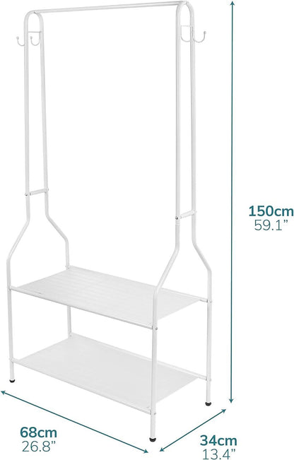 Clothes Rail With Two Shelves in White Powder Coating